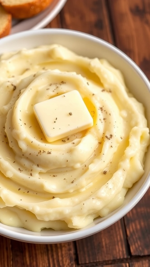 A bowl of creamy mashed potatoes with butter and pepper, set on a rustic wooden table.